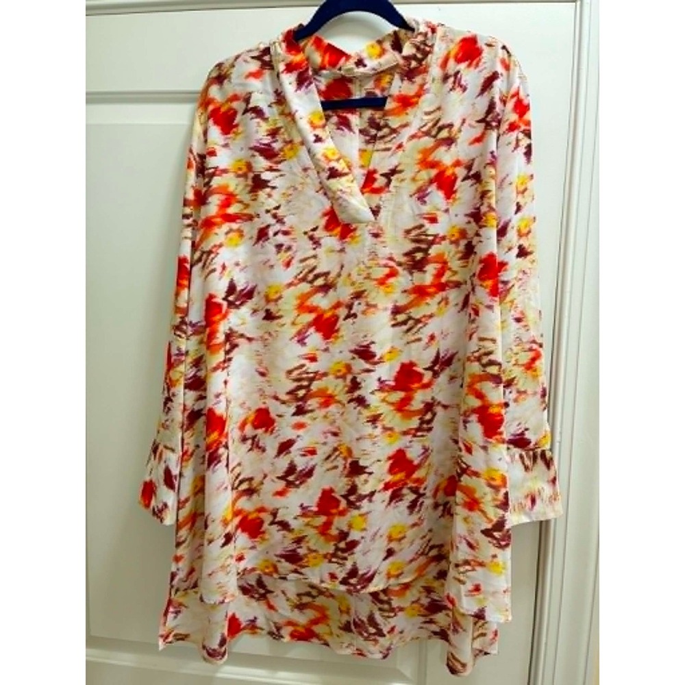 Terra & Sky Womens 2X Abstract Floral Tunic Blouse Orange Red 3/4 Sleeve NWT